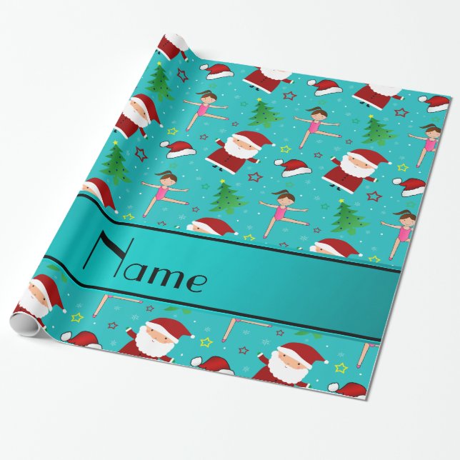 Custom name turquoise christmas gymnastics santas wrapping paper (Unrolled)