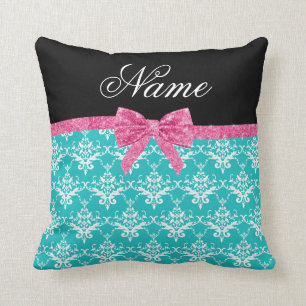 Custom name turquoise damask pink glitter bow throw pillow