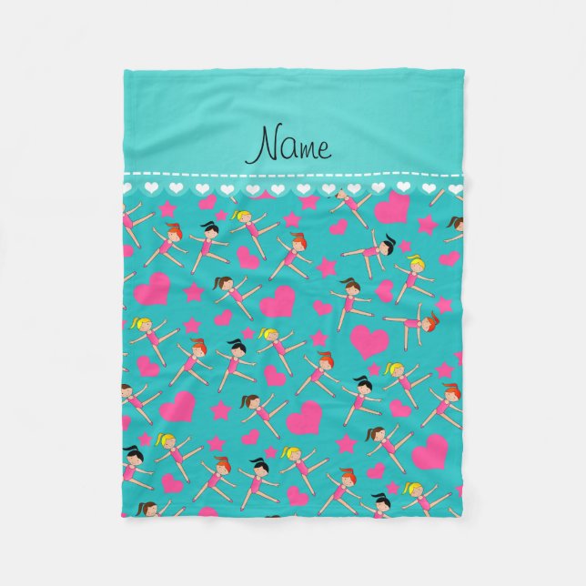 Custom name turquoise girl gymnasts hearts stars fleece blanket (Front)