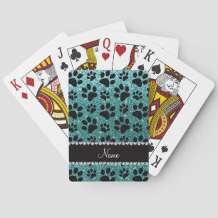 Custom name turquoise glitter black dog paws playing cards