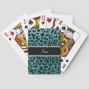 Custom name turquoise glitter cheetah print playing cards