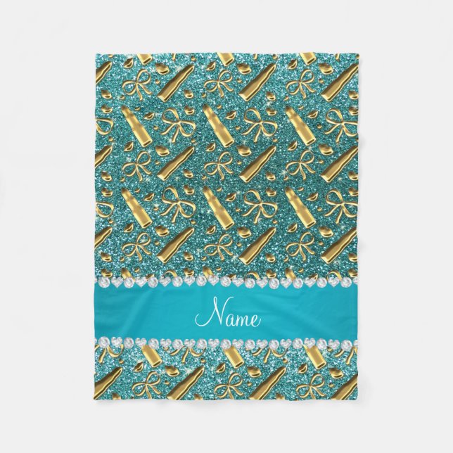 Custom name turquoise glitter gold lipstick fleece blanket (Front)