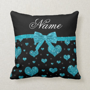 Custom name turquoise glitter hearts bow throw pillow