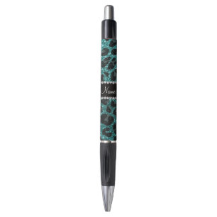 Custom name turquoise glitter leopard print pen