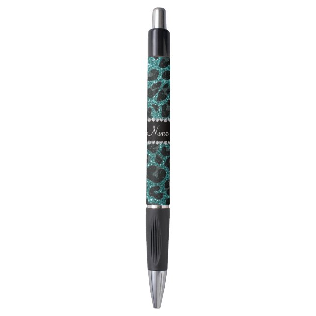 Custom name turquoise glitter leopard print pen (Front Vertical)