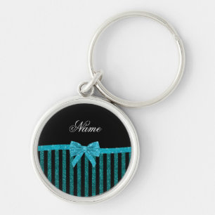 Custom name turquoise glitter stripes bow keychain