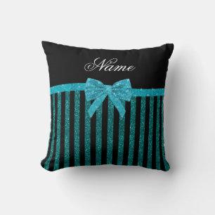 Custom name turquoise glitter stripes bow throw pillow