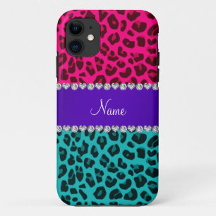 Custom name turquoise hot pink leopard iPhone 11 case