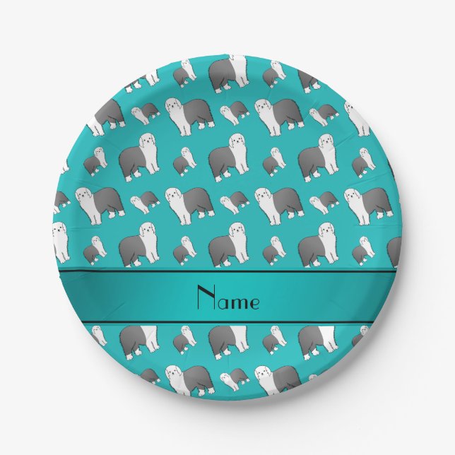 Custom name turquoise Old English Sheepdog dogs Paper Plate (Front)
