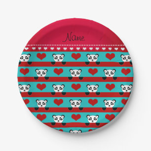 Custom name turquoise panda red heart stripes paper plate