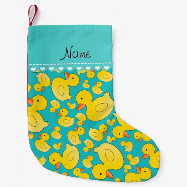 Custom name turquoise rubberducks blue stripe small christmas stocking (Front)