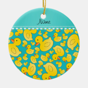 Custom name turquoise rubberducks heart stripe ceramic ornament