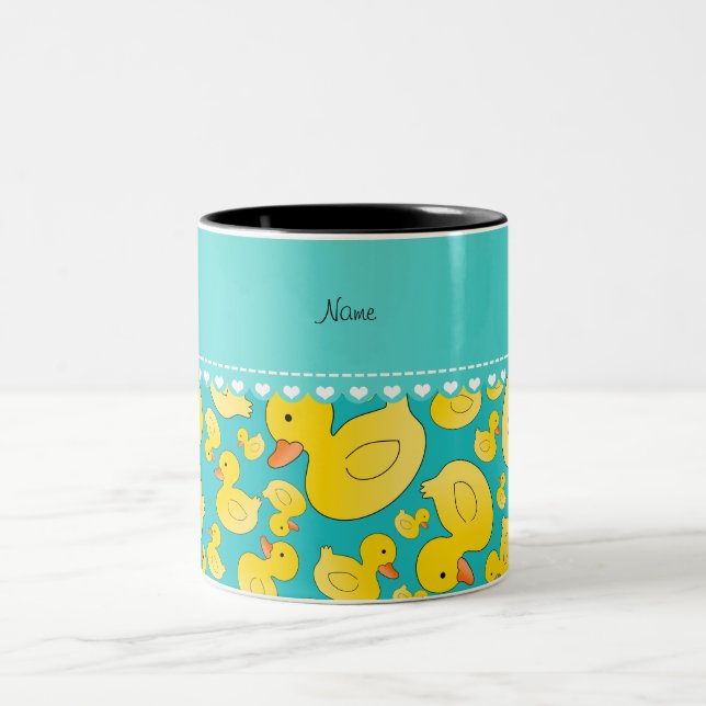 Custom name turquoise rubberducks heart stripe Two-Tone coffee mug (Center)