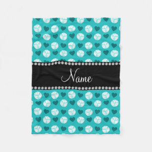 Custom name turquoise volleyballs and hearts fleece blanket