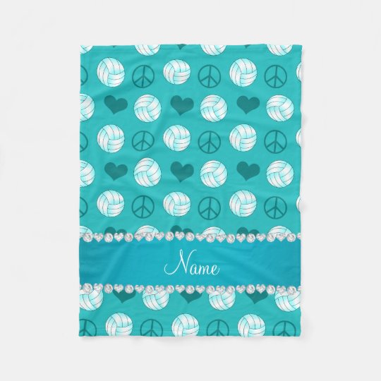 Custom name turquoise volleyballs peace hearts fleece blanket