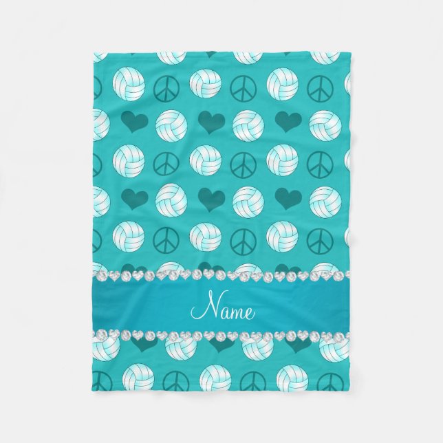 Custom name turquoise volleyballs peace hearts fleece blanket (Front)