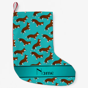 Custom name turquoise welsh corgi cardigan dogs small christmas stocking