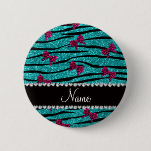 Custom name turquoise zebra stripes pink bows 2 inch round button
