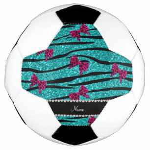 Custom name turquoise zebra stripes pink bows soccer ball