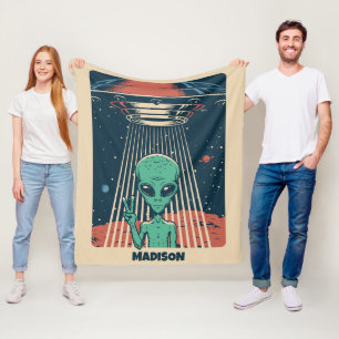 Custom Name UFO Alien Fleece Blanket