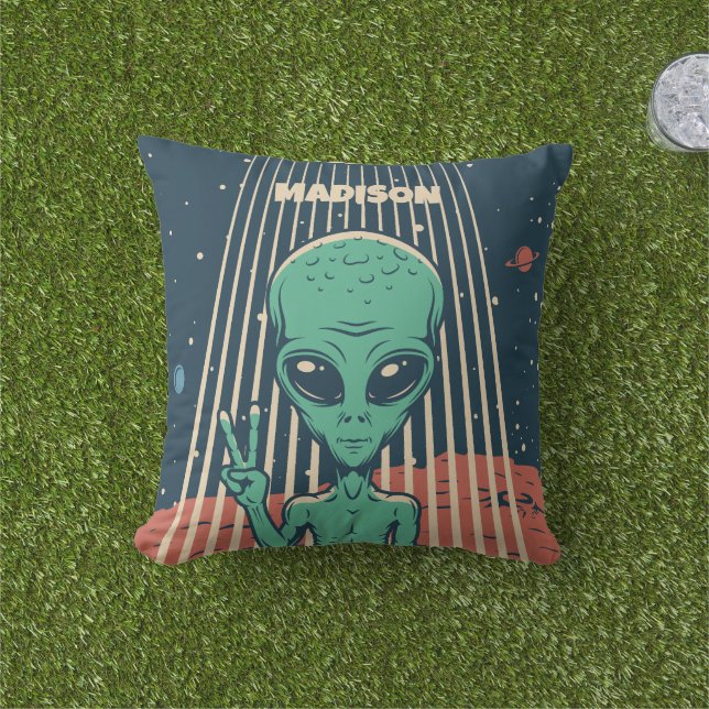 Custom Name UFO Alien Outdoor Pillow (Grass)