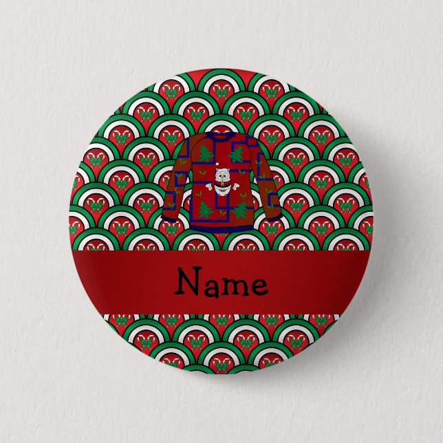 Custom name ugly christmas sweater candy canes 2 inch round button (Front)