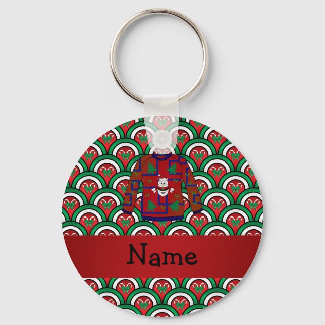 Custom name ugly christmas sweater candy canes keychain (Front)