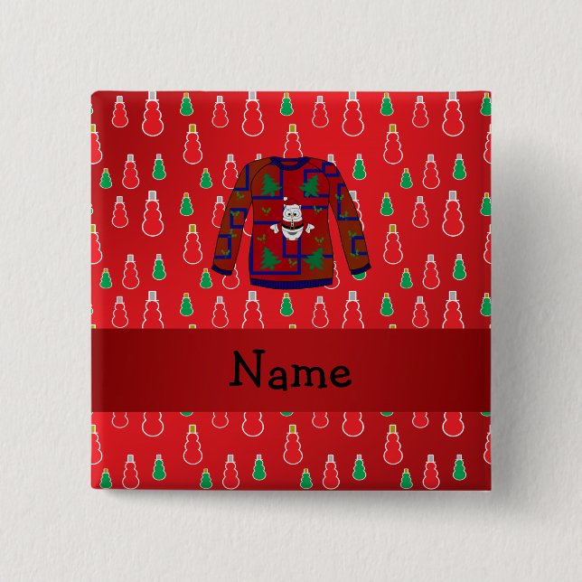 Custom name ugly christmas sweater red snowmen 2 inch square button (Front)