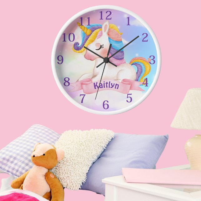 Custom Name Unicorn  Clouds Sparkle Round Clock (Creator Uploaded)