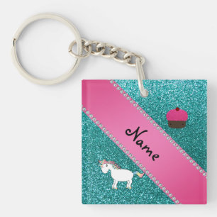 Custom name unicorn cupcake turquoise glitter keychain