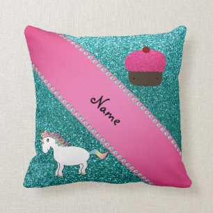 Custom name unicorn cupcake turquoise glitter throw pillow