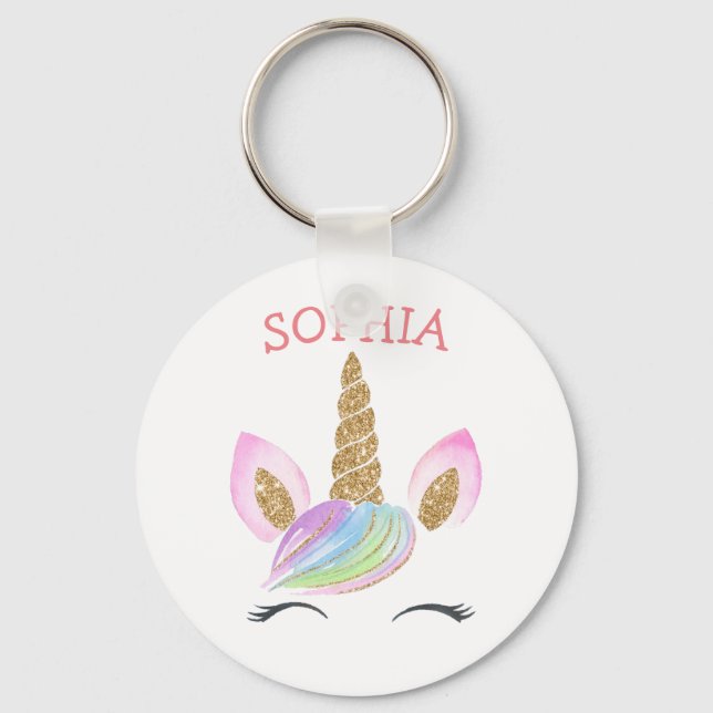 Custom Name Unicorn Gold Glitter Kids Cute Rainbow Keychain (Front)