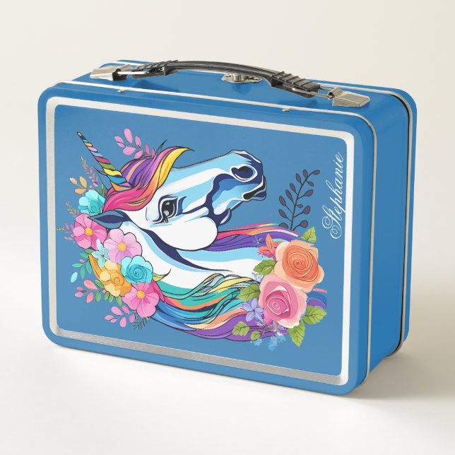 Custom Name Unicorn Lunchbox - Floral Metal (Dos)