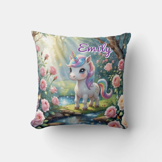 Custom Name Unicorn Square Pillow – Rose Forest (Front)