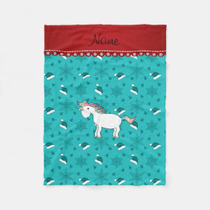 Custom name unicorn turquoise santa hats snowflake fleece blanket