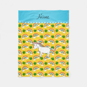 Custom name unicorn yellow rainbows shamrocks fleece blanket