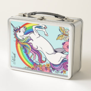 Custom Name Unique Unicorn Floral Pattern Design Metal Lunch Box