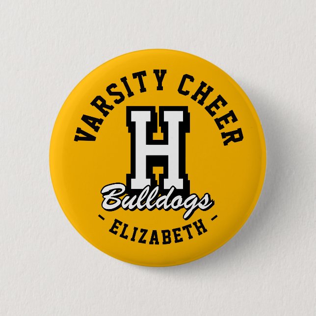 Custom Name Varsity Cheer Pin, School Spirit 2 Inch Round Button (Front)