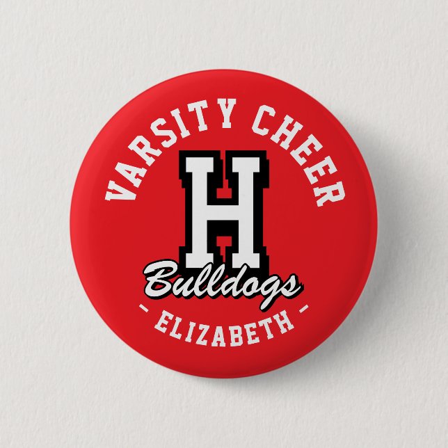 Custom Name Varsity Cheer Pin, School Spirit 2 Inch Round Button (Front)