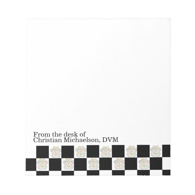 Custom Name Veterinary Black White Chequerboard Notepad (Front)