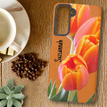 Custom Name Vibrant Orange Tulip Flowers Photo  Samsung Galaxy Case<br><div class="desc">The design focus is on on this close-up floral photograph of vibrant yellow edged orange tulips. Fill in the template field with a name, initials, remove the text or edit using the design tool to select a font style, size, and colour you like. You can transfer this design to another...</div>