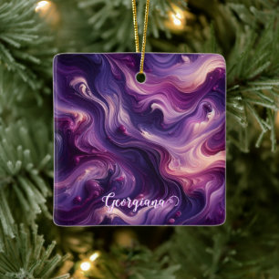 Custom Name Vibrant Purple Poured Paint Effect Ceramic Ornament