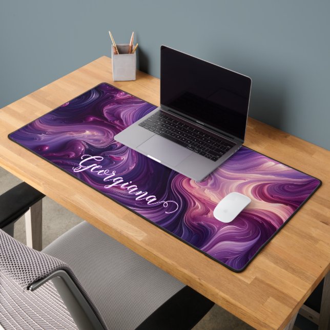 Custom Name Vibrant Purple Poured Paint Effect Desk Mat (Office 2)
