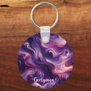 Custom Name Vibrant Purple Poured Paint Effect Keychain