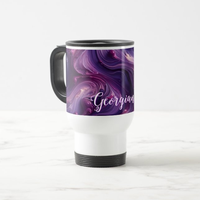 Custom Name Vibrant Purple Poured Paint Effect Travel Mug (Front Left)