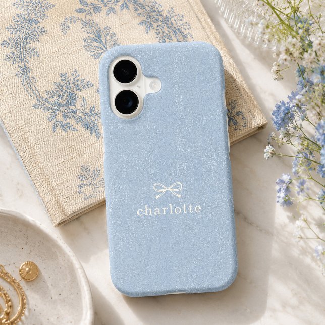 Custom Name Vintage Coastal Blue Bow (Coastal blue personalized phone case with a delicate ivory bow, custom name, and vintage texture)