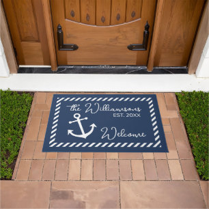 Custom Name Vintage Dark Blue Welcome Aboard Doormat