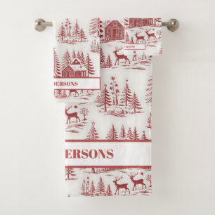 Custom Name Vintage Illustration Reindeer Winter Bath Towel Set