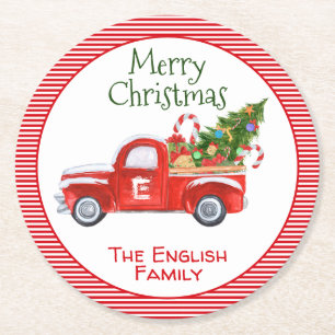 Custom Name Vintage Red Truck Christmas Holiday Round Paper Coaster