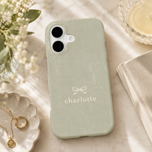 Custom Name Vintage Sage Green Heirloom Bow (Sage green personalized phone case featuring an ivory bow, custom name, and subtle vintage texture)